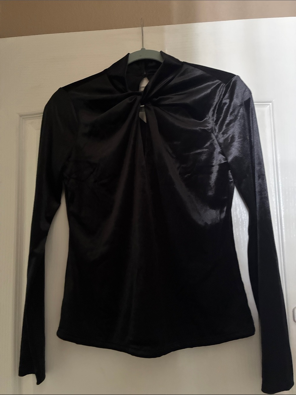 White House Black Market Black Satin Twist-Front Long Sleeve Top